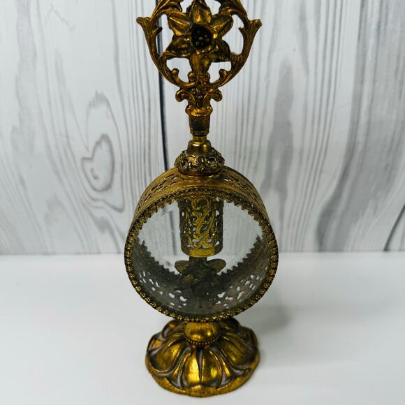 Vintage Gold Ormolu Perfume Bottle Beveled Glass Filigree Hollywood Floral - Picture 1 of 9
